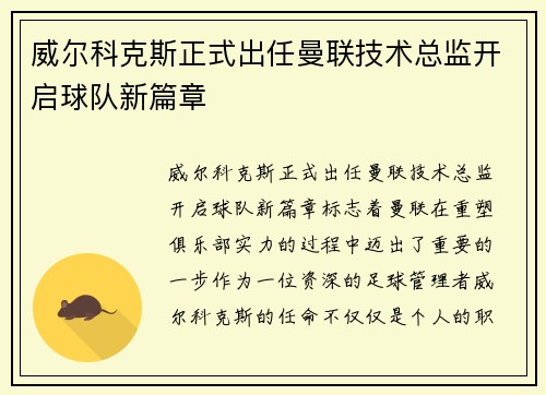 威尔科克斯正式出任曼联技术总监开启球队新篇章